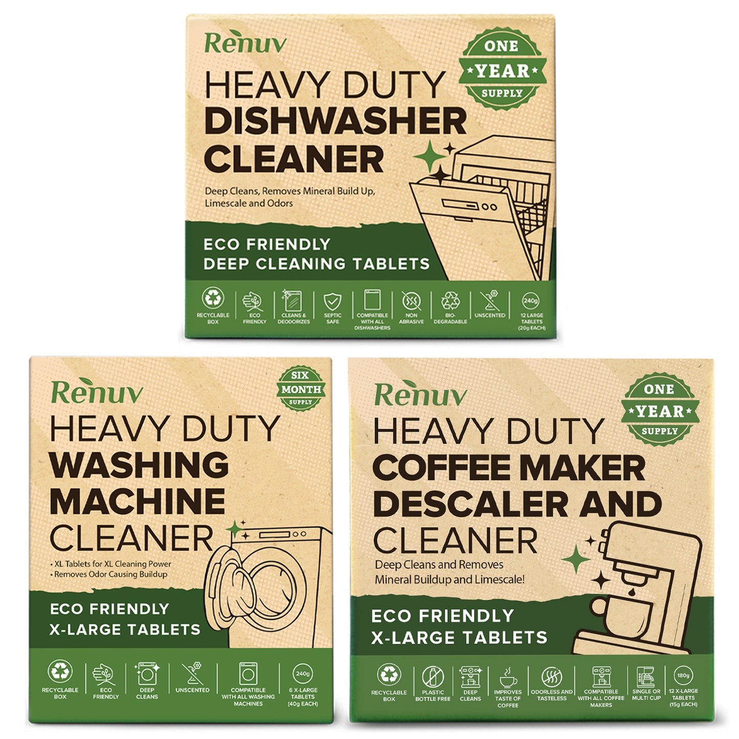 Coffee Maker Cleaner and Descaler + Washing Machine Cleaner + Dishwasher Cleaner
