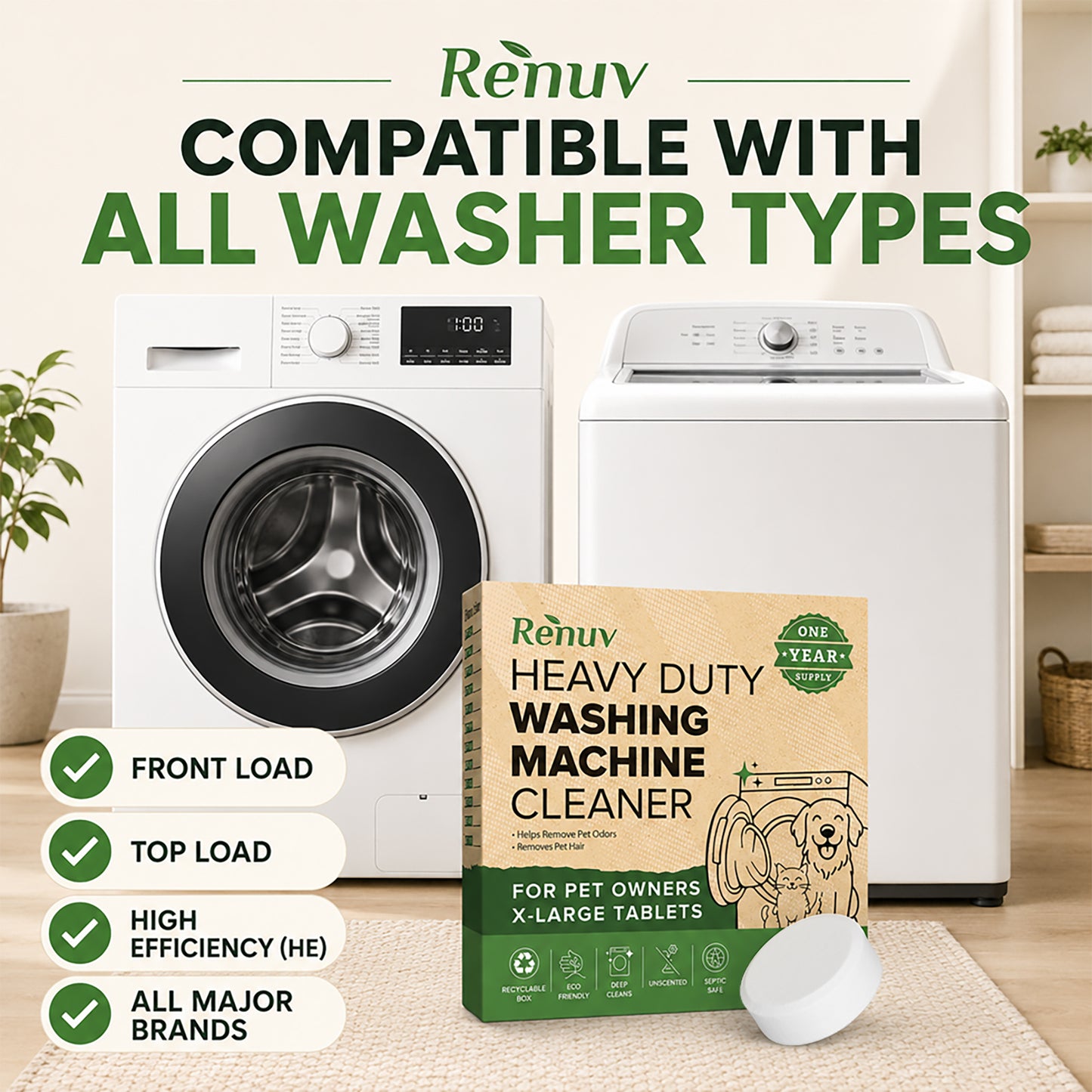 Washing Machine Cleaner Tablets for Pet Hair & Odor - 12 XL Tablets