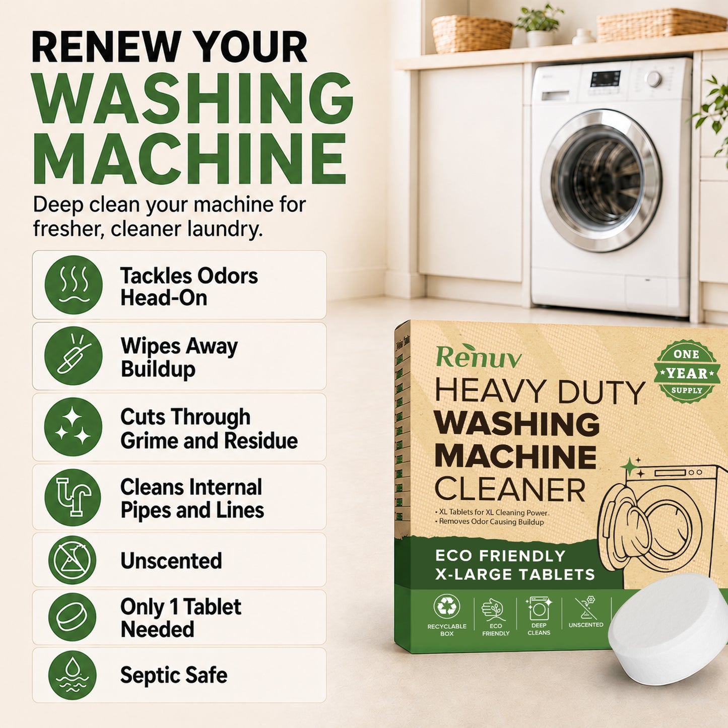 Washing Machine Cleaner Tablets - 12 XL Tablets - One Year Supply