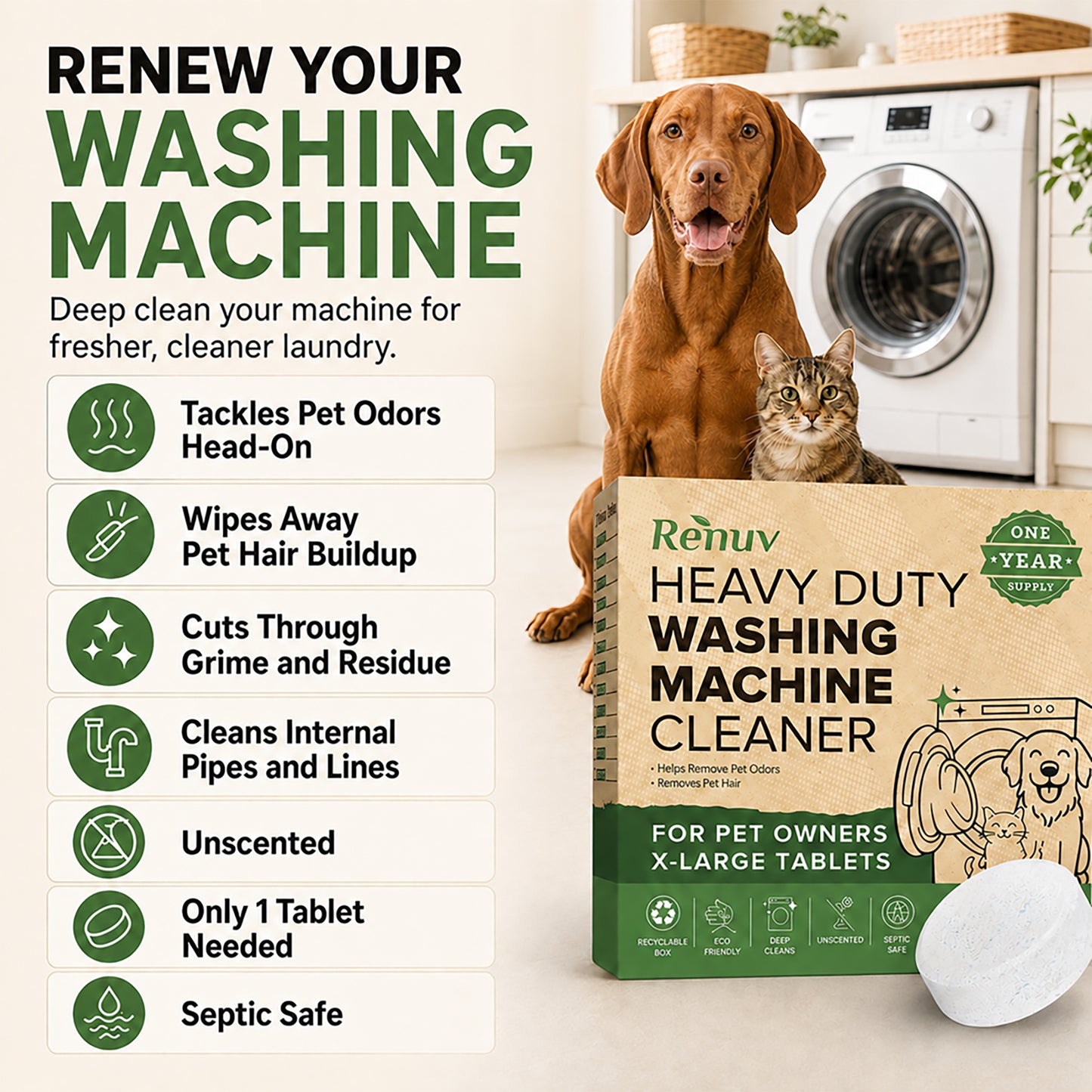 Washing Machine Cleaner Tablets for Pet Hair & Odor - 12 XL Tablets