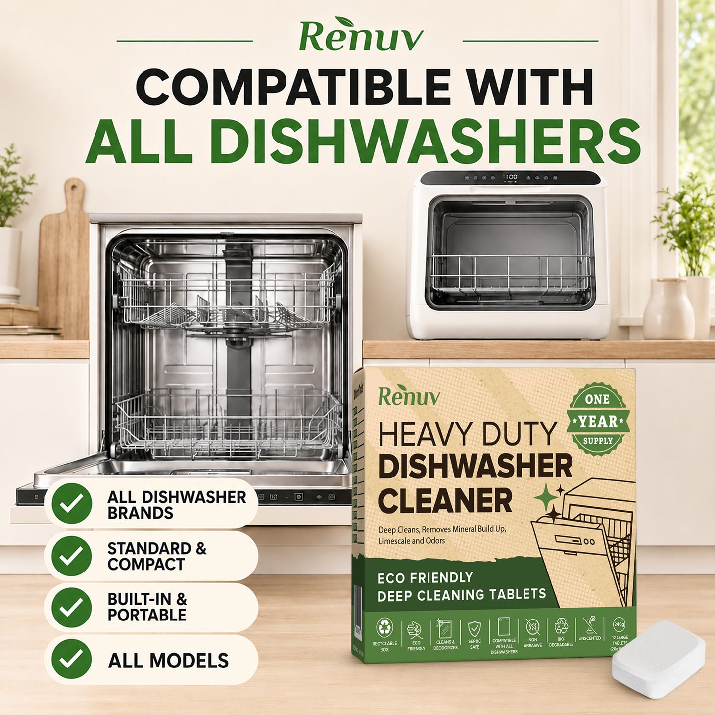 Dishwasher Cleaner and Deodorizer Tablets, Heavy Duty Deep Cleaning Descaler Removes Odor, Calcium, Limescale, Hard Water Marks - 1 Year Supply