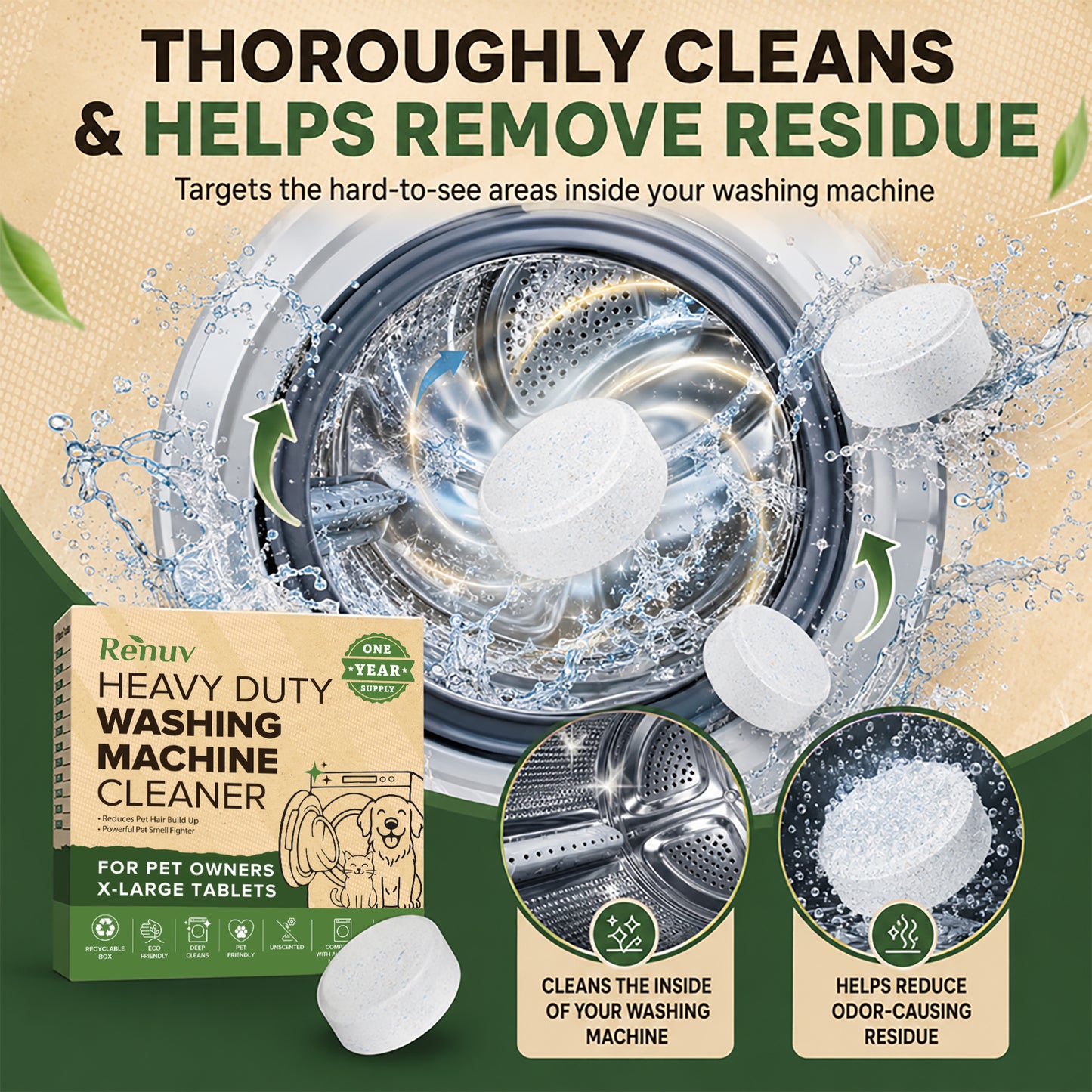 Washing Machine Cleaner Tablets for Pet Hair & Odor - 12 XL Tablets