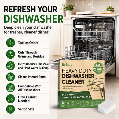Dishwasher Cleaner and Deodorizer Tablets, Heavy Duty Deep Cleaning Descaler Removes Odor, Calcium, Limescale, Hard Water Marks - 1 Year Supply