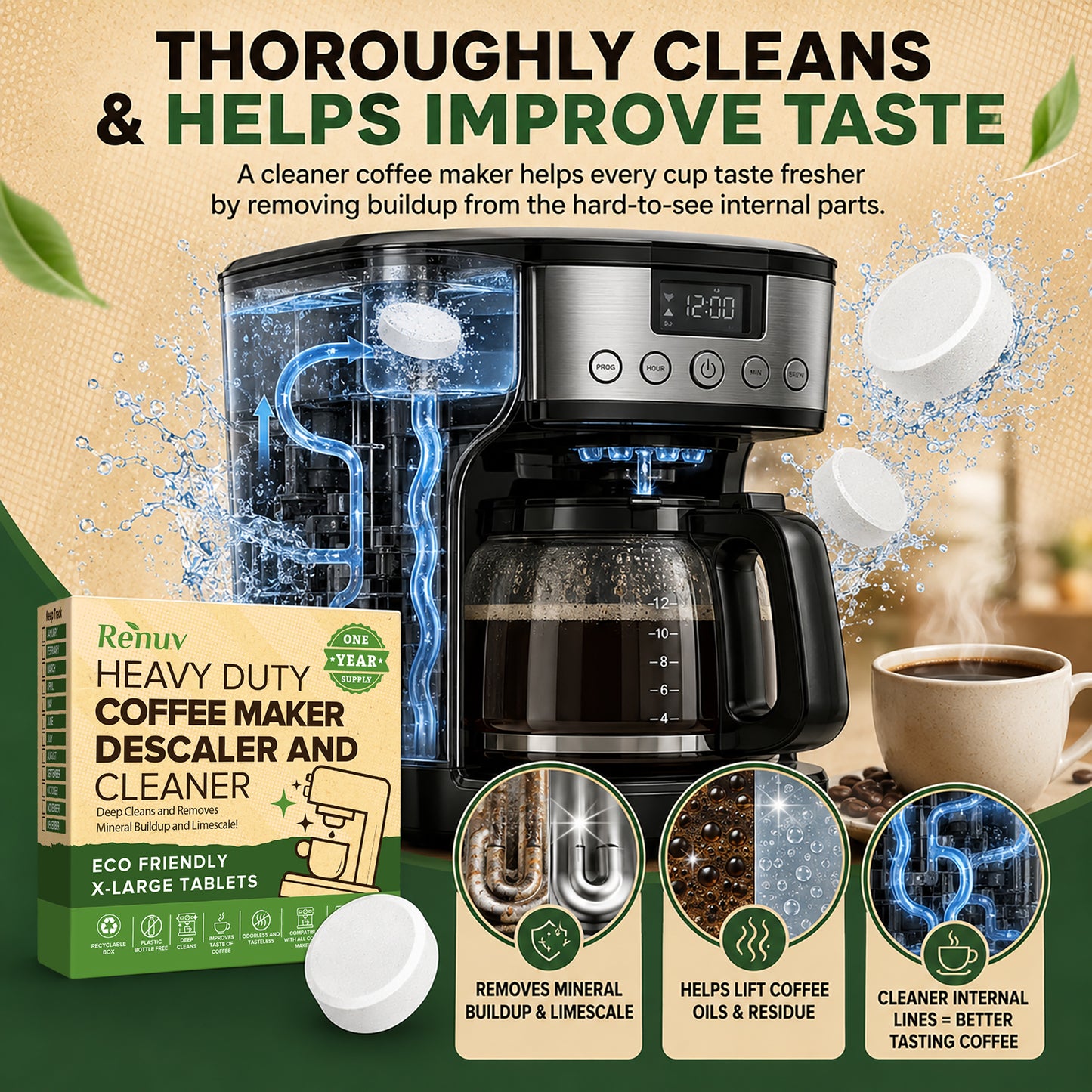 Coffee Maker Cleaner and Descaler Tablets, 12 Uses for Single Cup, Multi Cup, Coffee Pot Maker & Espresso Machines