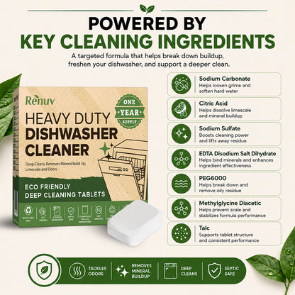 Dishwasher Cleaner and Deodorizer Tablets, Heavy Duty Deep Cleaning Descaler Removes Odor, Calcium, Limescale, Hard Water Marks - 1 Year Supply