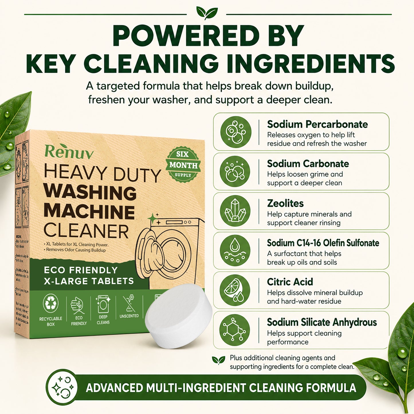 Washing Machine Cleaner Descaler Tablets - Heavy Duty Deep Cleaning for Front Load or Top Load Washer, 6 Pack