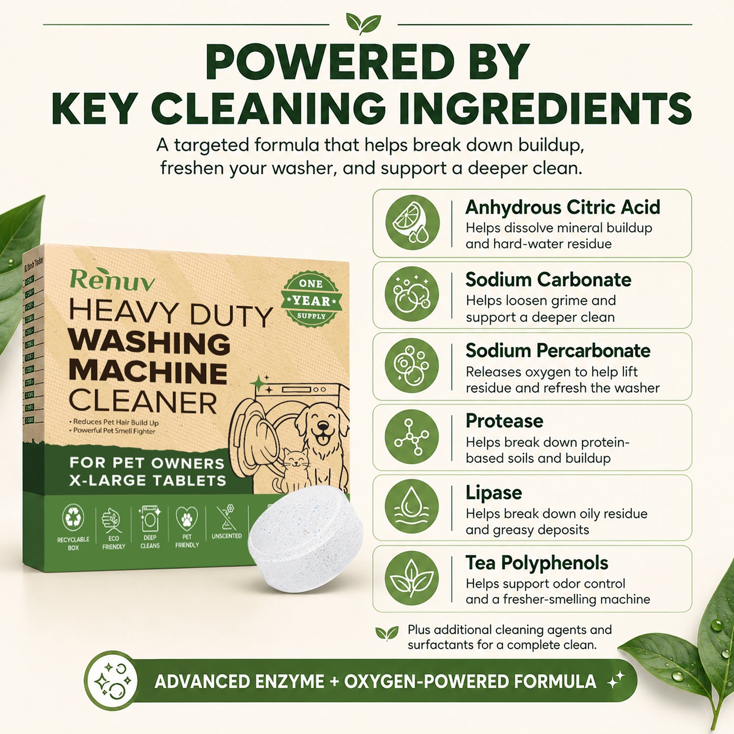 Washing Machine Cleaner Tablets for Pet Hair & Odor - 12 XL Tablets