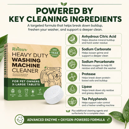 Washing Machine Cleaner Tablets for Pet Hair & Odor - 12 XL Tablets