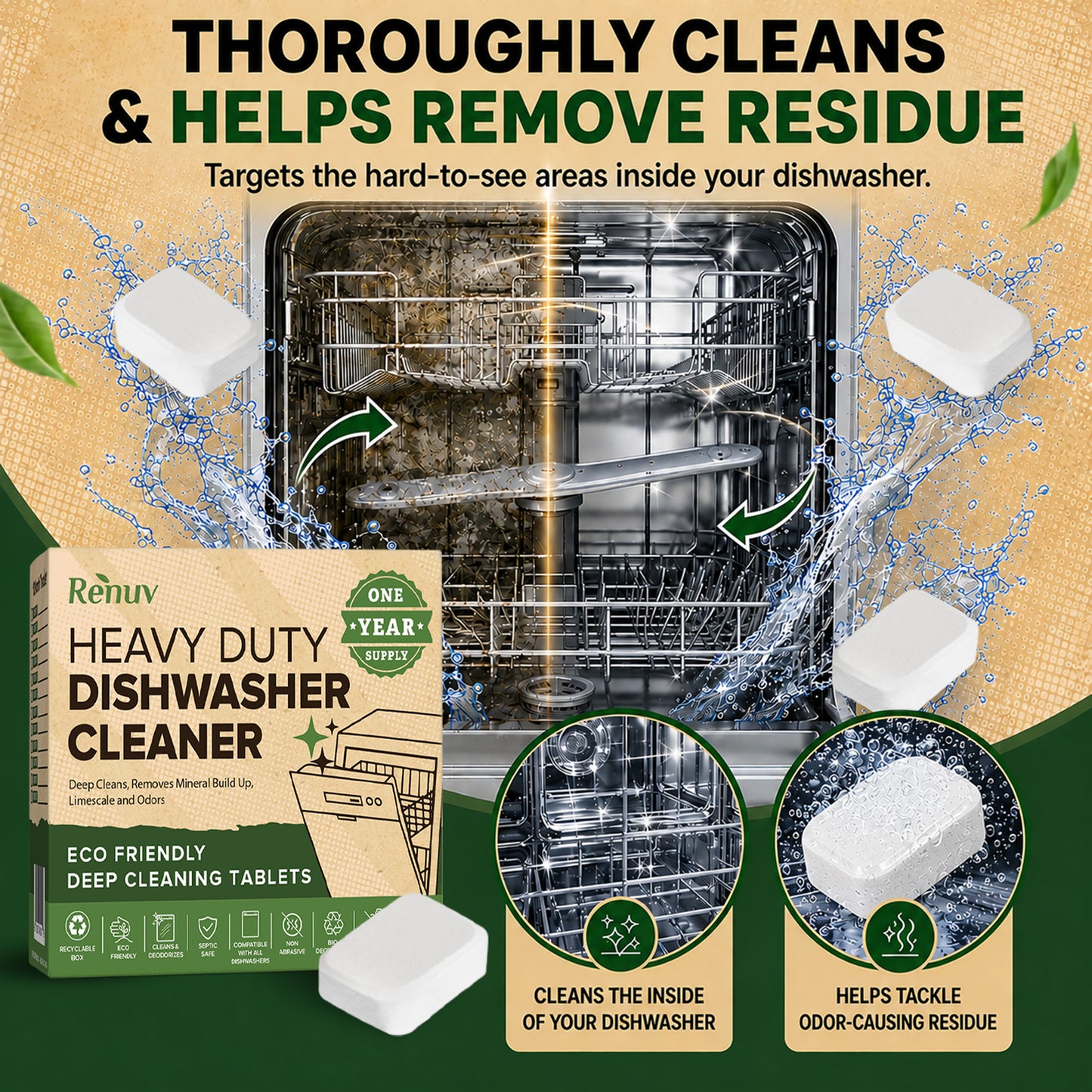 Dishwasher Cleaner and Deodorizer Tablets, Heavy Duty Deep Cleaning Descaler Removes Odor, Calcium, Limescale, Hard Water Marks - 1 Year Supply