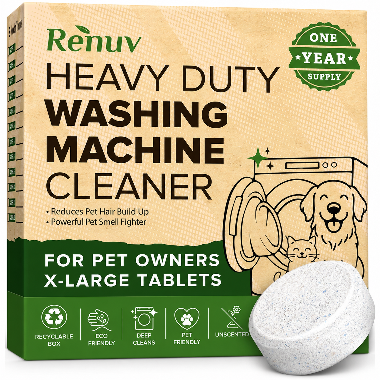 Washing Machine Cleaner Tablets for Pet Hair & Odor - 12 XL Tablets